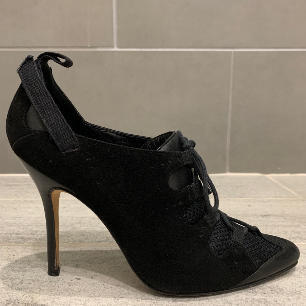 CONSIGNED. Manolo Blahnik Suede Heels with Mesh Overlay - Picture 8 of 16